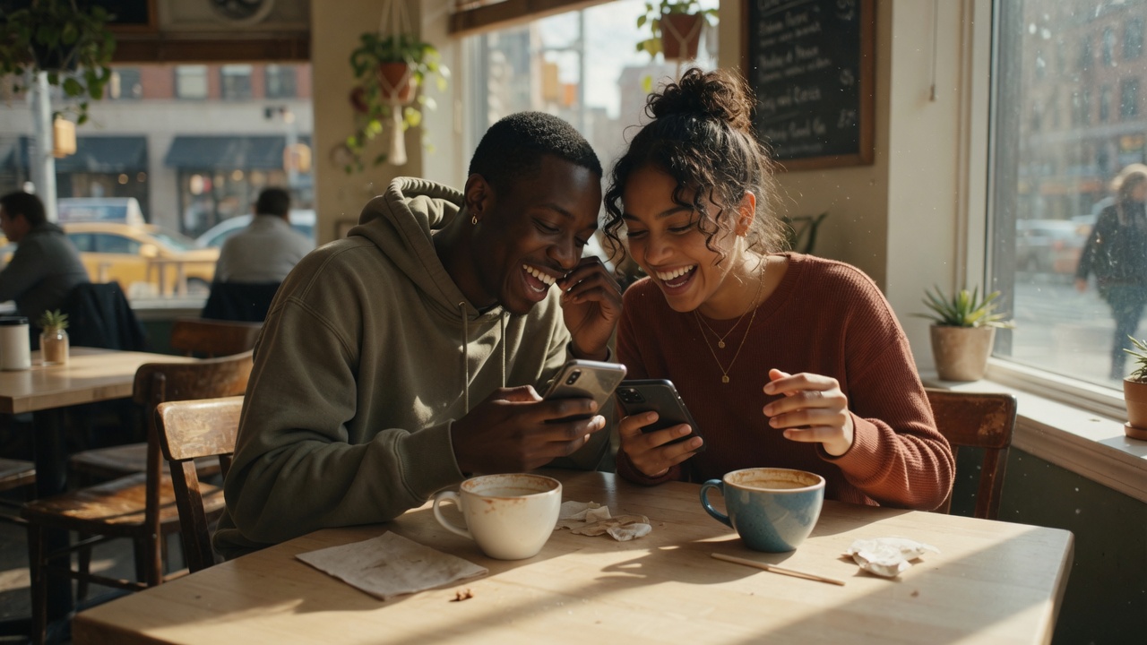 Two friends talking over their phones in a sunlit cafe