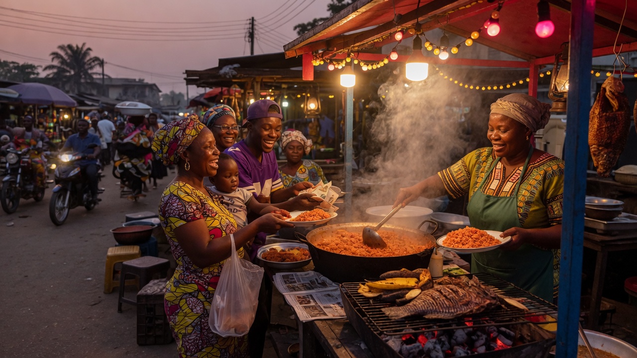 A busy street-food stall serving local dishes at dusk